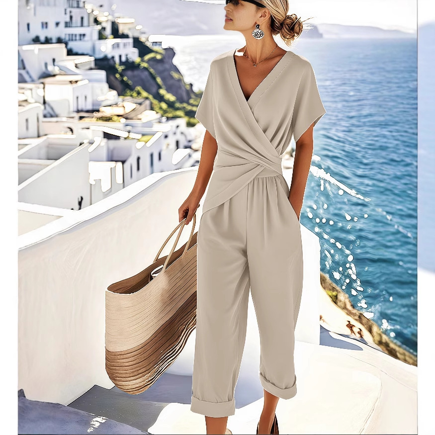 Women's Two Pieces Set Fashion Solid Color Irregular Short Sleeve Suit Summer Fashion V Neck Slim Office Suit Casual Pleated Irregular Top And Pants Female Outfit - Image 4